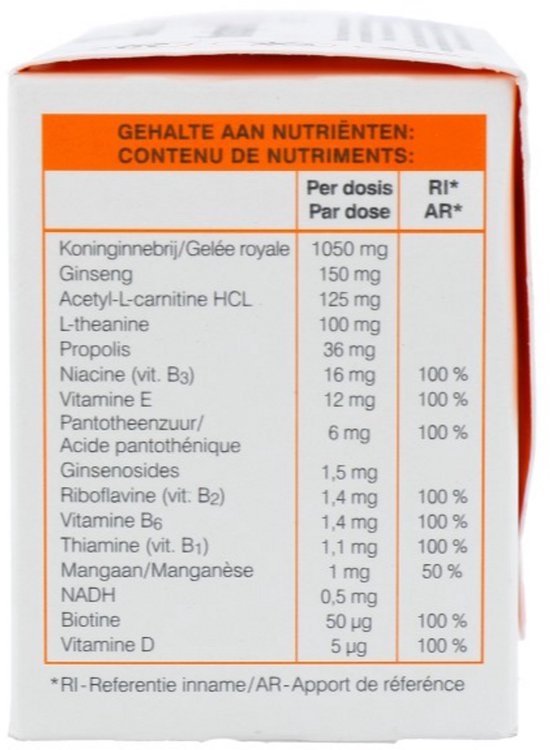 Zijde van de verpakking met voedingswaarde-informatie "GEHALTE AAN NUTRIËNTEN".