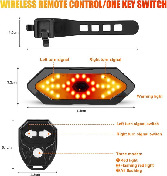 Achterlicht voor fiets - knipperlicht, fietsachterlicht met draadloze afstandsbediening, oplaadbaar, USB, schokbestendig, waterdicht, 5 verlichtingsmodi, achterverlichting voor fiets met — afbeelding 5