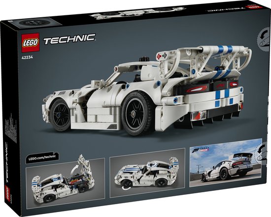 Achterkant van de LEGO Technic Dodge Viper GTS-R, wit met blauwe strepen. Toont de motor en de achtervleugel.