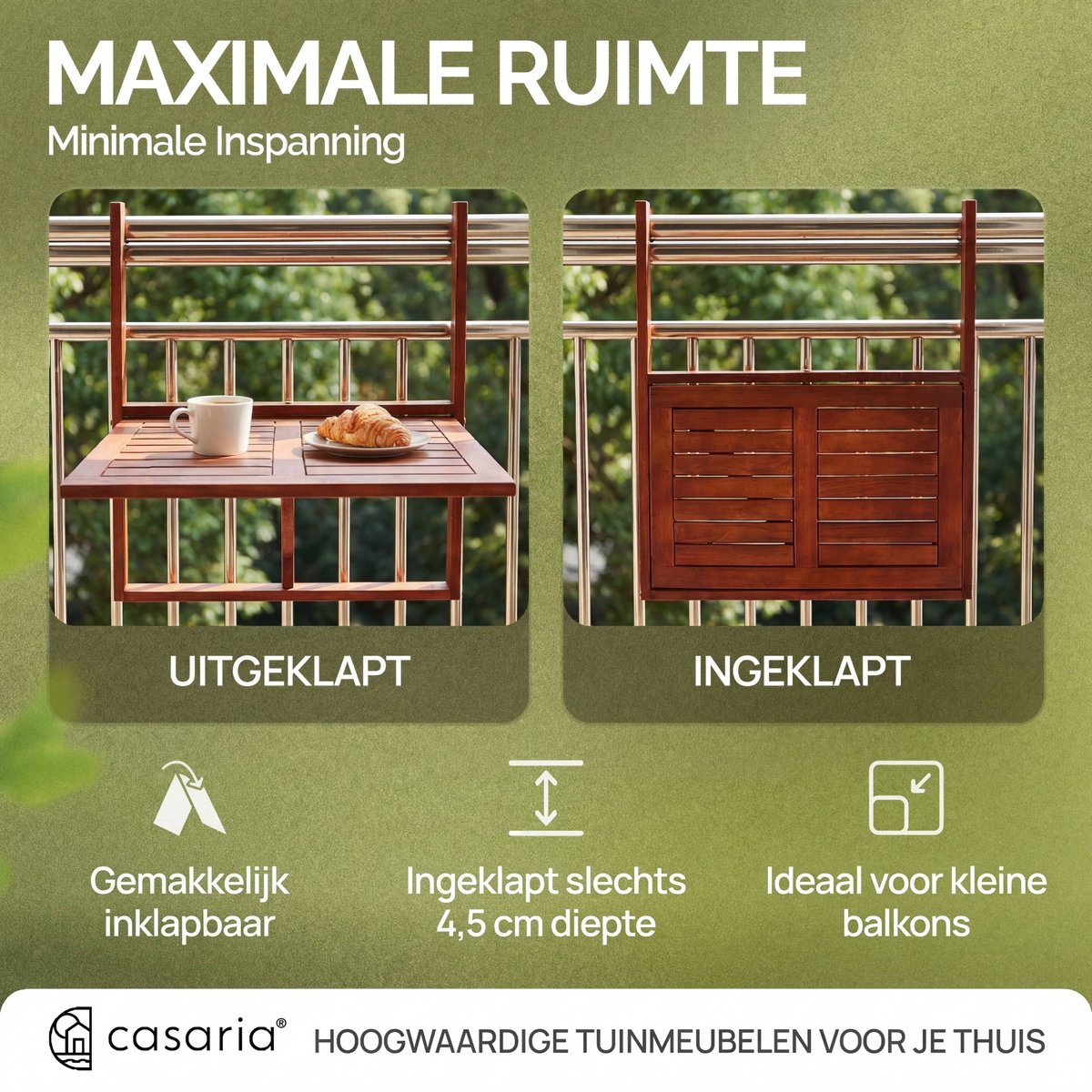 Casaria Balkontafel Hangend – 64 x 45 x 87 cm – FSC® Acaciahout – Bruin thumbnail 4