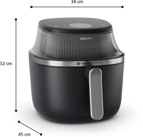 Afmetingen van de zwarte Philips Airfryer: 34 cm breed, 32 cm hoog, 45 cm diep.