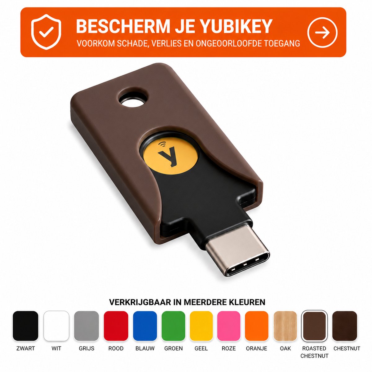 YubiKey 5C NFC Beschermhoes - USB-C Beveiligingssleutel Case - Yubico Key Cover - Krasbestendige Sleutelhanger Bescherming - Compacte NFC Security Key Houder - Zakelijke En Persoonlijke Data Bescherming Accessoire - Roasted Chestnut