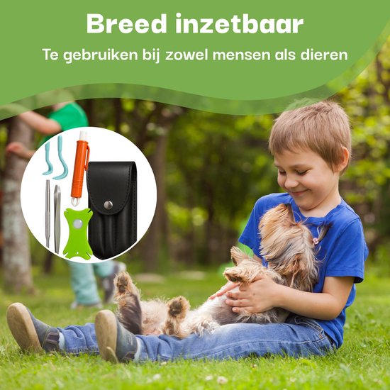 Jongetje met hond in de tuin, met de tekentang set in een etui. Breed inzetbaar voor mens en dier.