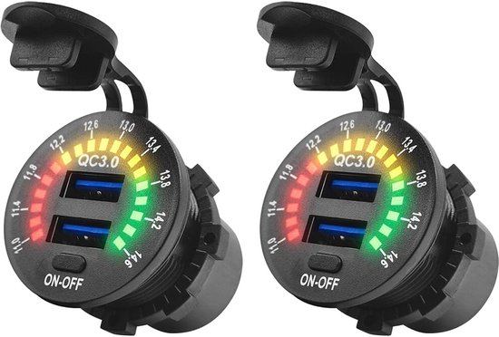 ProRide 12V USB Wandcontactdoos Inbouw - 2 USB Poorten - Schakelaar - Voltmeter - QC3.0 - - Voor Auto Boot en Camper - 2 stuks