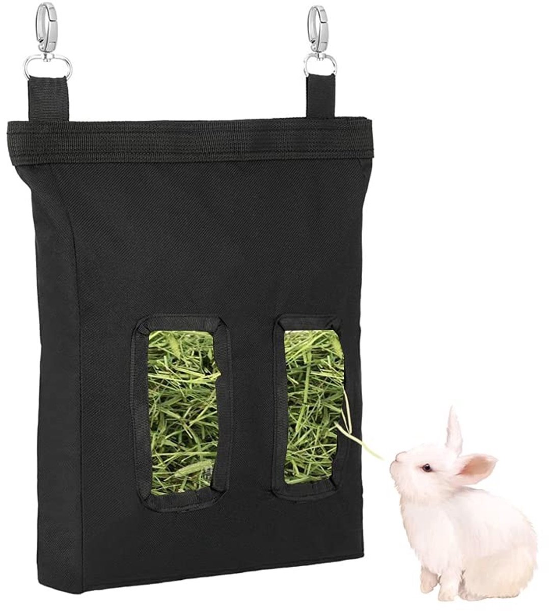 Dailygoods - Dailygoody - Konijn Hay Feeder Bag - Hooi Tas - Handig Ophangsysteem - Zwart - Voor Kleine Huisdieren - Opgeruimd en Gemakkelijk