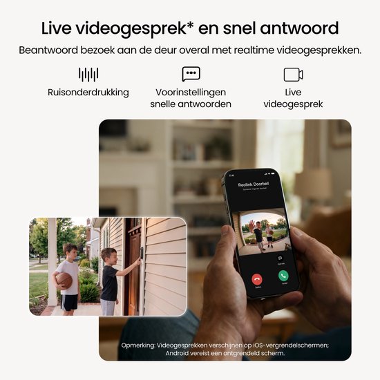 Telefoon toont live videogesprek met deurbel; kinderen te zien; alternatief met twee kinderen.