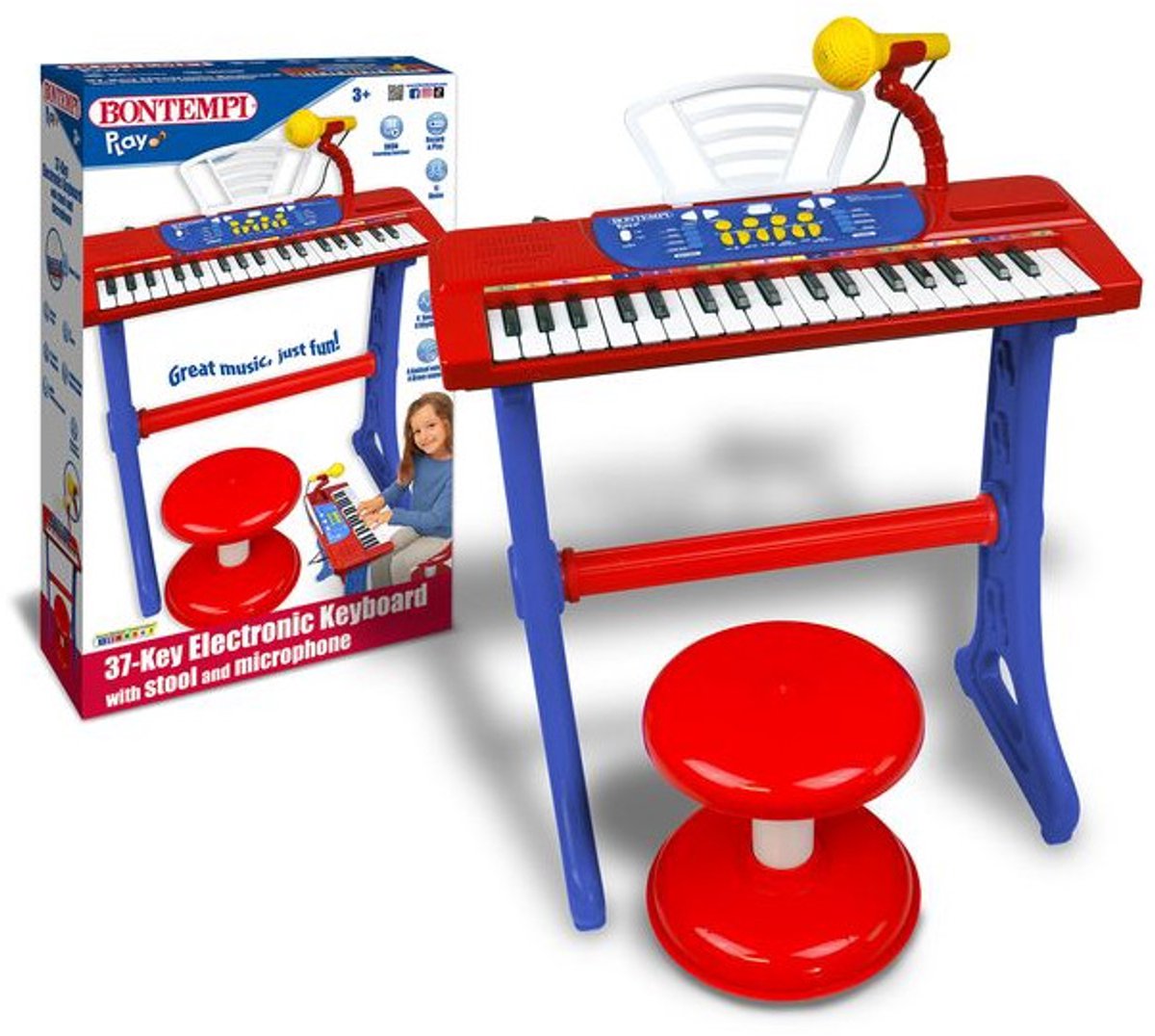 Bontempi keyboard speelgoed elektronisch met microfoon, poten en kruk.