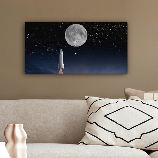 Tableau sur toile Un dessin de la navette spatiale et de la pleine lune - 40x20 cm - Décoration murale Art