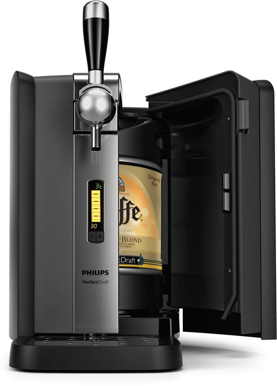 Zwarte Philips PerfectDraft thuistap met een Leffe fust erin, en de deur open.
