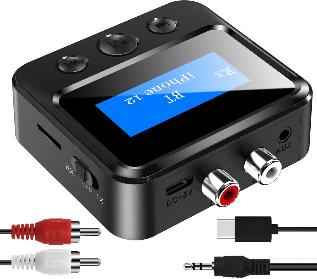 carmdering - 2-In-1 Bluetooth Zender En Ontvanger - Draadloze Audio Adapter - TX RX Modus Schakelaar - RCA En 3.5mm AUX Ingang - LCD Scherm Display - TF Kaart Ondersteuning - Compact Draagbaar Design - Plug And Play Installatie - 1 Stuk