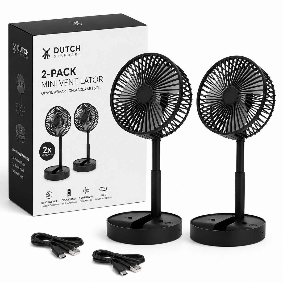 2 Stuks - Oplaadbare Ventilator - Tafelventilator - Draadloos - Drie Windsnelheden - Zwart