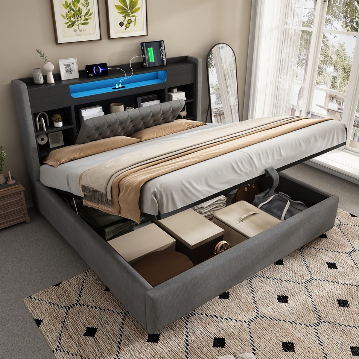 Pugsdrly Gestoffeerd bed 140x190 cm met hydraulische bedbak & LED-verlichting, bedframe met USB/Type-C-oplaadfunctie, hoofdeinde met plank & opbergruimte, linnenstof, grijs (zonder matras)