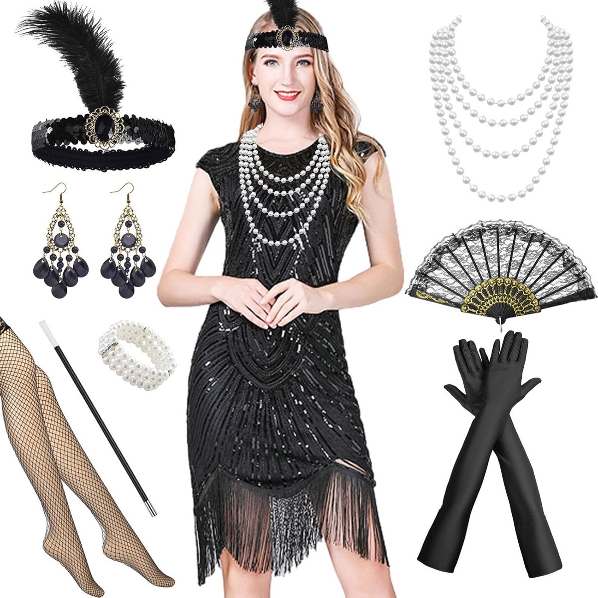 Flapper jurk voor vrouwen uit de jaren '20 met veren hoofdband, handschoenen en parelketting voor carnaval en themafeesten
