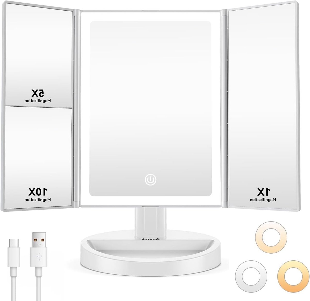 Verlichte Make-up Spiegel met 1X/5X/10X Vergroting, 68 LED, Oplaadbaar en Aanraakscherm, 180° Verstelbaar voor Perfecte Make-up en Grooming