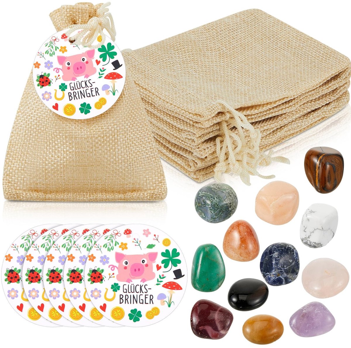 Dailygoods - Dailygoody - Geluksstenen - Magische geluksbrengers - Klein en kleurrijk - Verjaardagscadeau voor kinderen - Jute tas en cadeautiket - Geschikt voor 1...