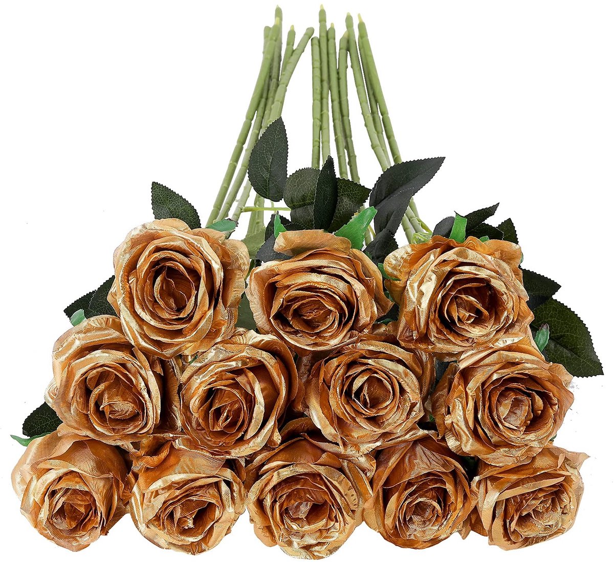 Dailygoody - Kunstrozen - Neprozen met lange steel - Realistische bloemen - Goud - Decoratie voor bruiloften - 12 stuks