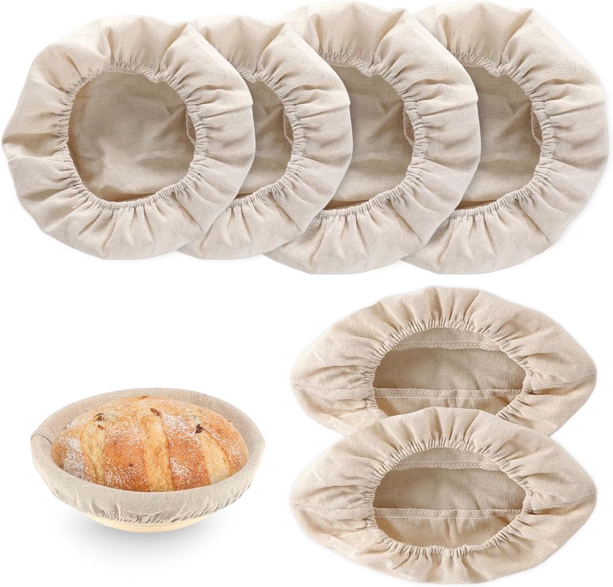 Rijsmand Voering Doek, 6 Stuks Linnen Inzet voor Brood Bakken, Ronde en Ovale Hoezen voor Rijsmandjes en Broodbakaccessoires met Elastiek