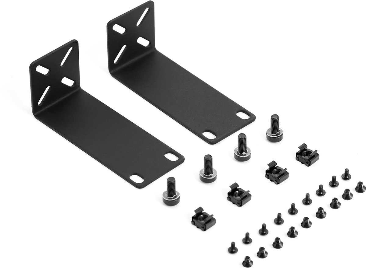 Dailygoods - Dailygoody - Rackmontagekit - Verstelbare rack-oren - Zwart - Compatibel met 10,6 en 19 inch apparatuur - Voor Netgear en Cisco - 2 oren en 8 schroeve..