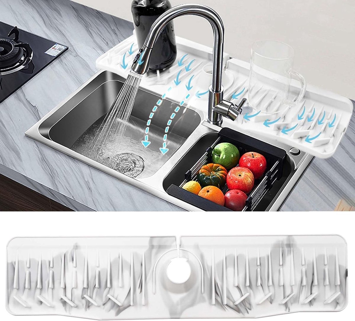60 x 15 cm Siliconen Wateropvangmat met Marmerdesign, Vouwbare Splash Guard voor Keuken en Badkamer, Ideaal voor Onder de Kraan en Aanrecht