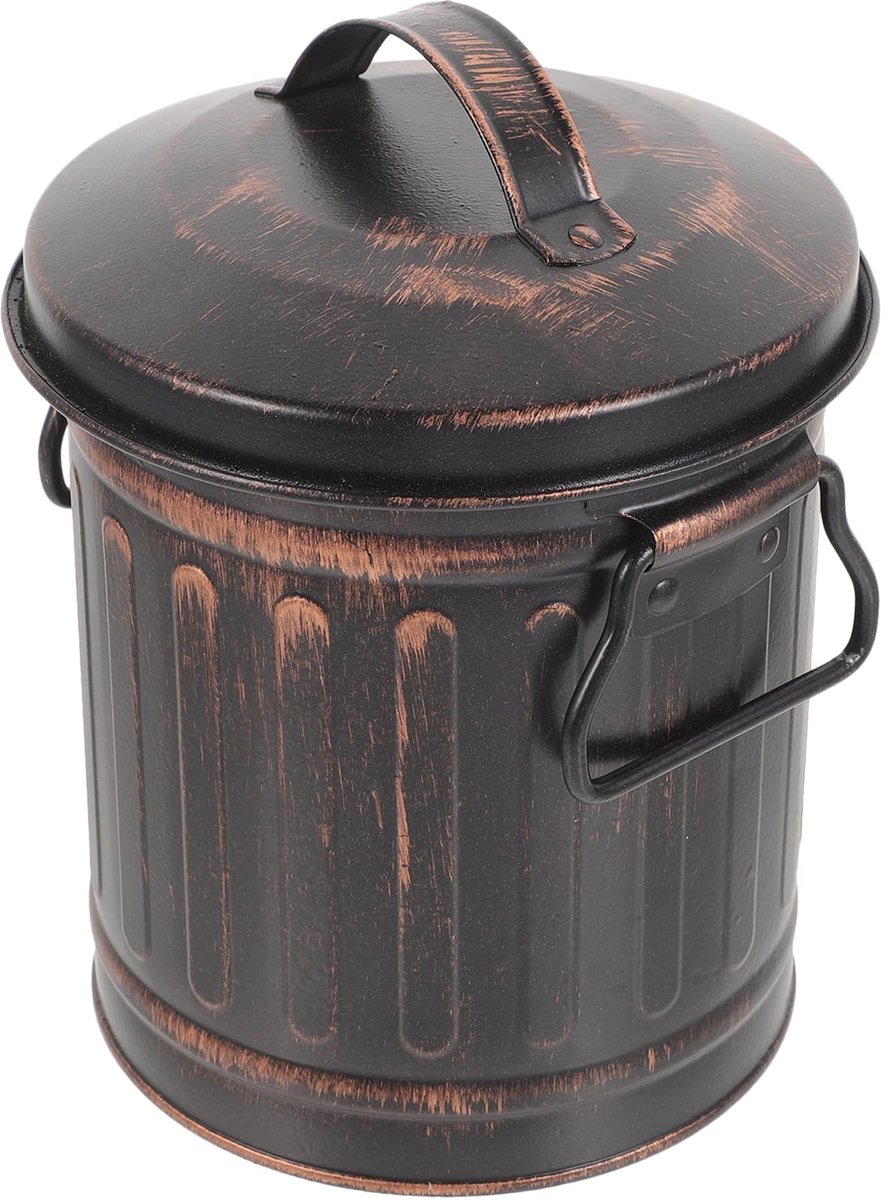 Dailygoody - Asemmer met deksel - Vintage prullenbak - Multifunctioneel gebruik - Kleine ijzeren emmer - Geschikt voor buiten - 19 x 19 cm