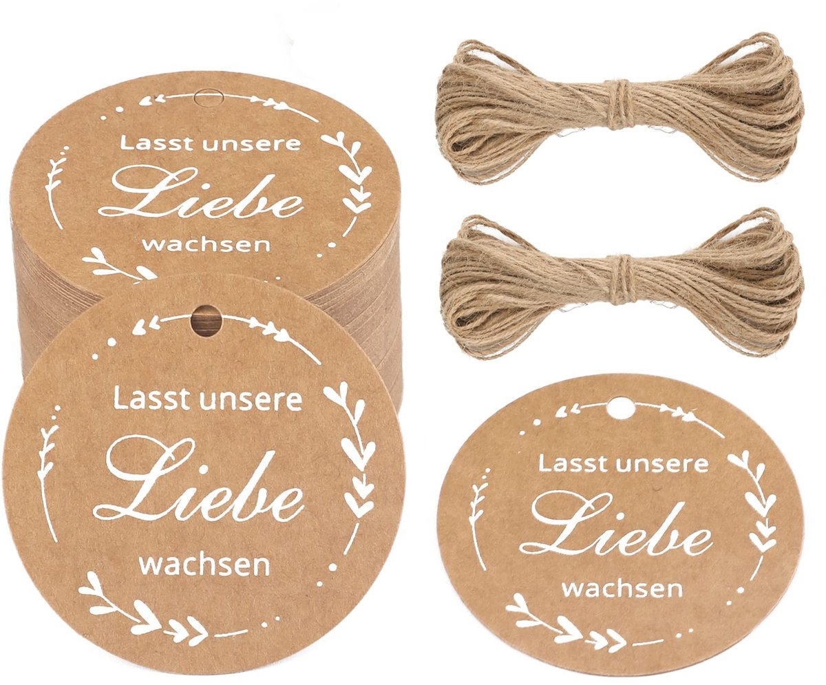 Dailygoods - Dailygoody - Ronde Cadeaulabels - Kraftpapier Etiketten - 100 Stuks - Bruin - Bruiloft Decoratie - Hangers Voor Verpakking - Laat Onze Liefde Groeien