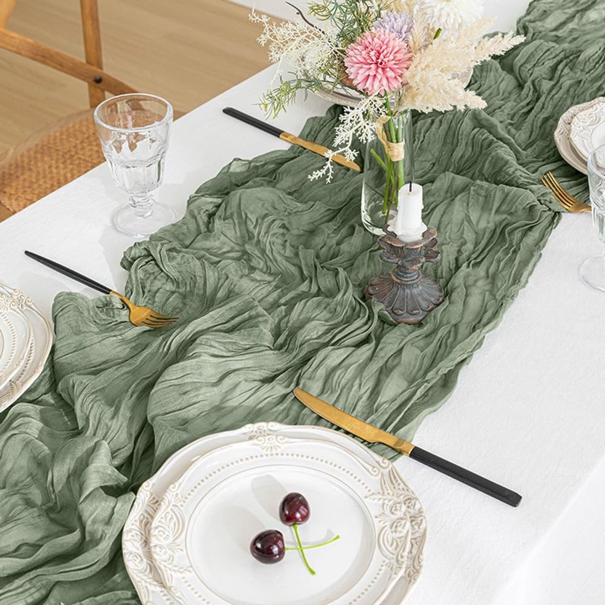 Dailygoods - Dailygoody - Tafelloper - Kaasdoek - Geschikt voor Bruiloften en Feesten - Saliegroen - Boho-Stijl - 6 Stuks - 90 x 300 cm