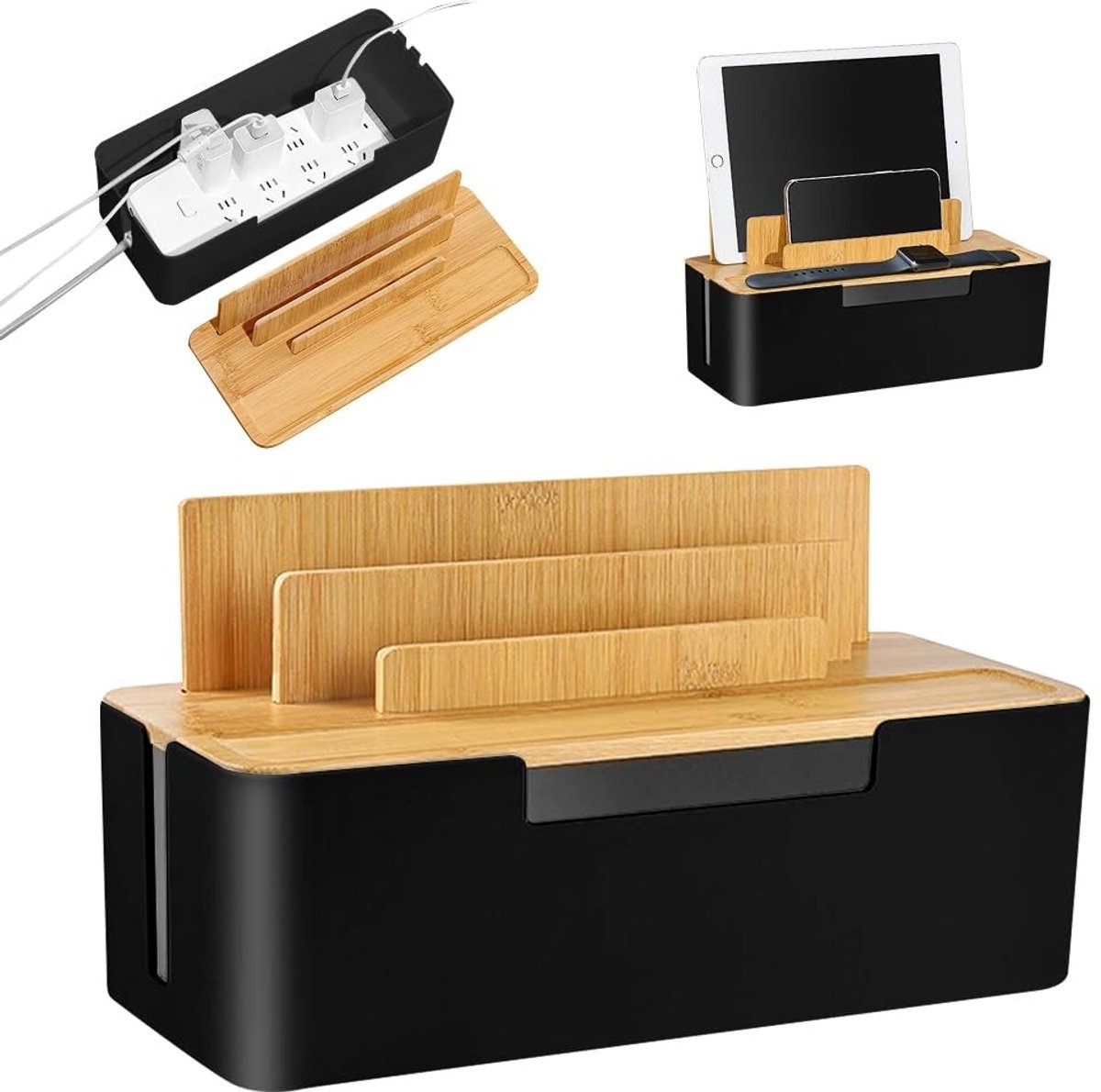 Dailygoods - Bamboe Kabelbox voor Kabels en Stopcontacten, Zwart