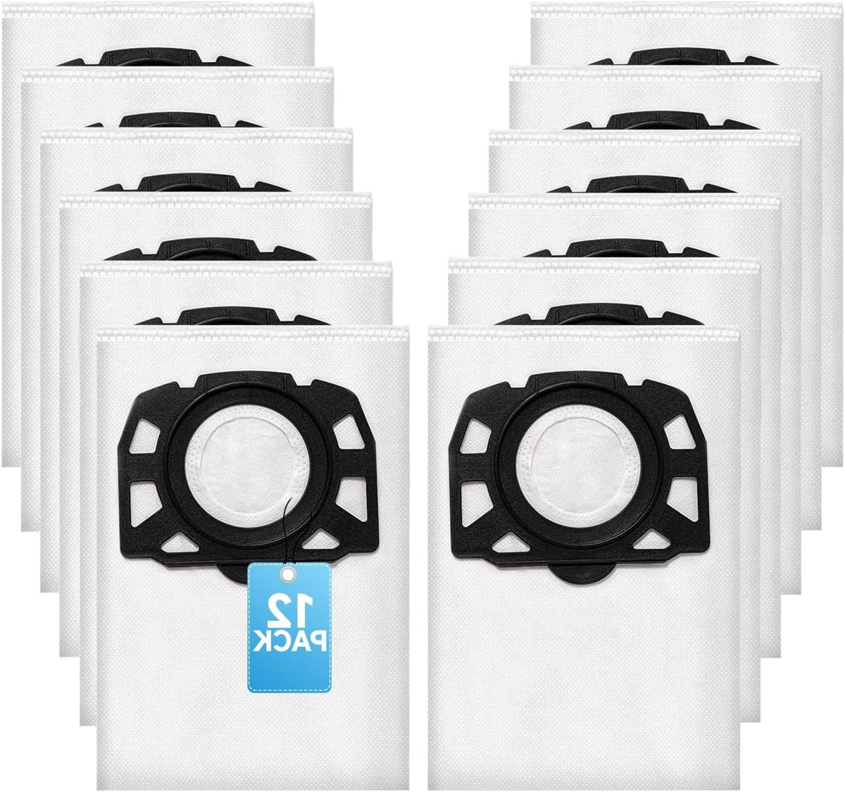 Set van 12 vacuümzakken voor nat-en-droogstofzuigers, geschikt voor Kärcher-modellen, met plastic dekselschijf en optimale filtratie.