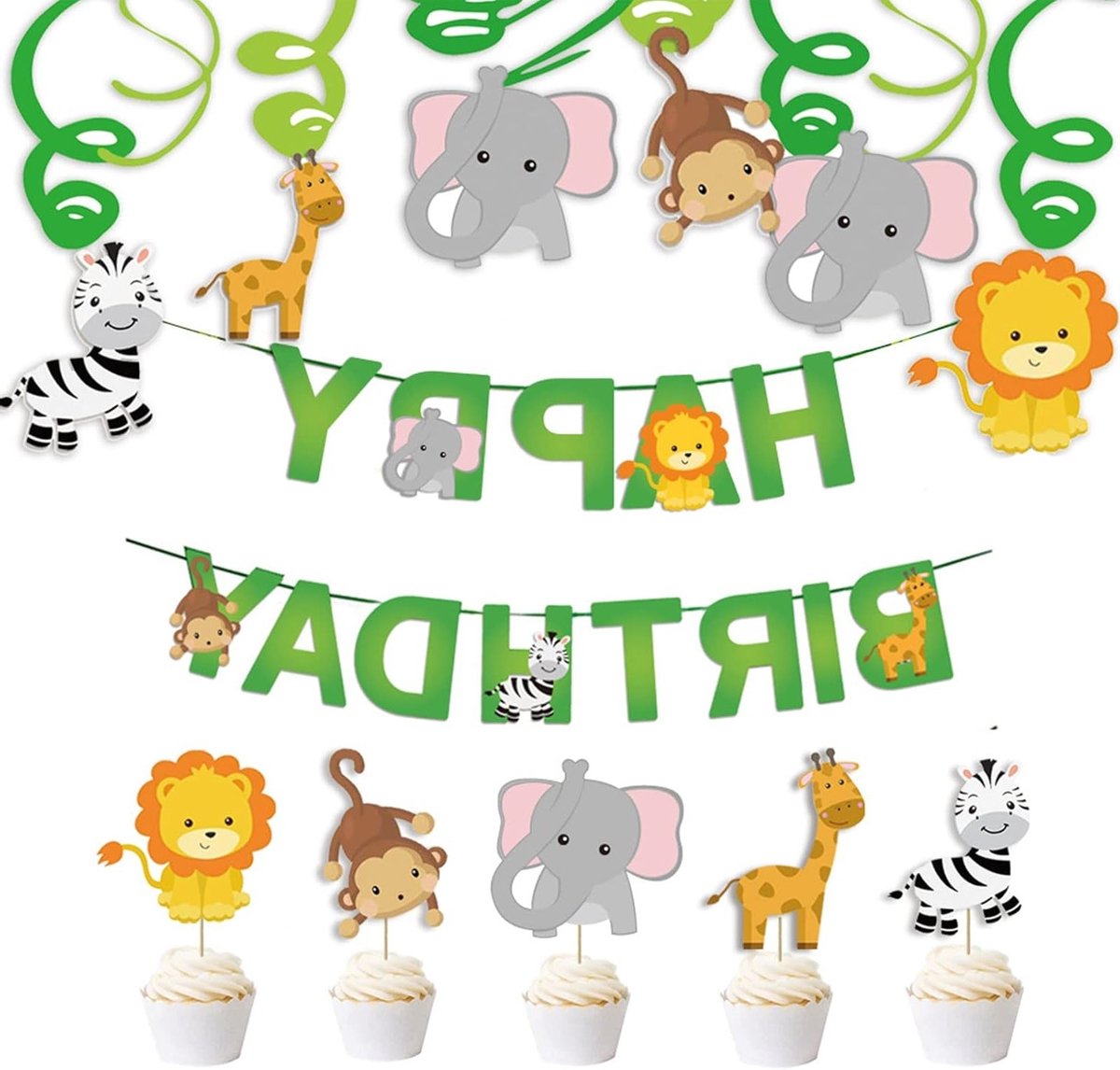 30 stuks decoratieve dieren voor verjaardagsfeestjes, jungle thema, slingers en spiralen voor kinderen