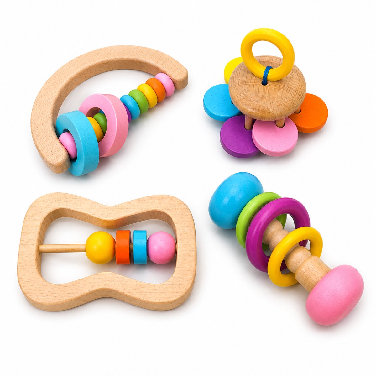 BOECKIE Houten Rammelaars Set 4-delig - Montessori Babyspeelgoed