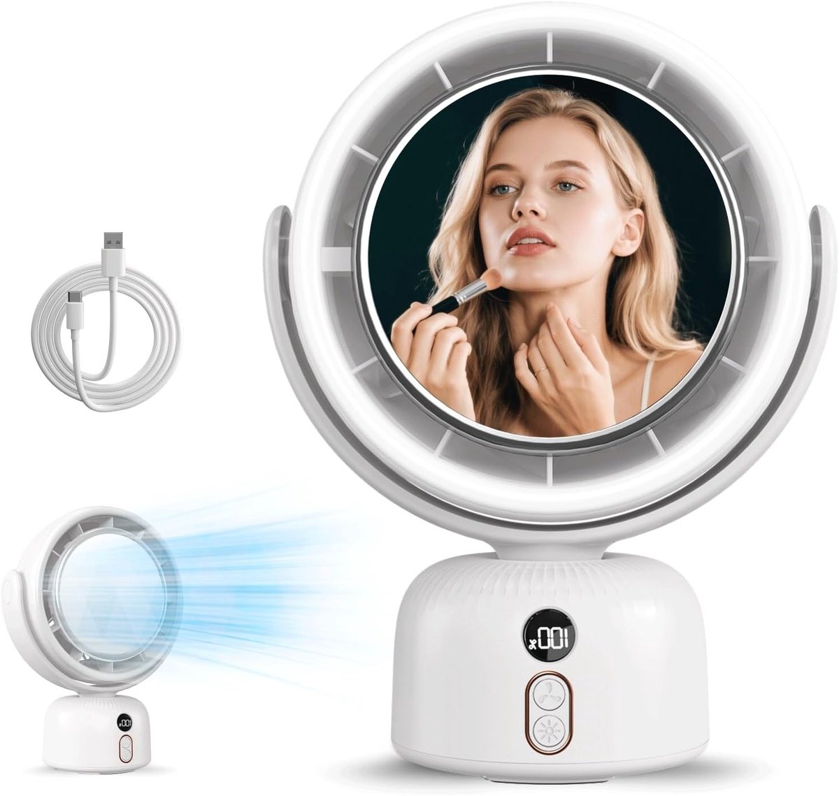 Toiletspiegel met Verlichting en Ventilator, Draagbare Make-up Tafelventilator met Automatische Rotatie, 5 Snelheden en 3 Niveaus voor RV, Reizen en Slaapkamer