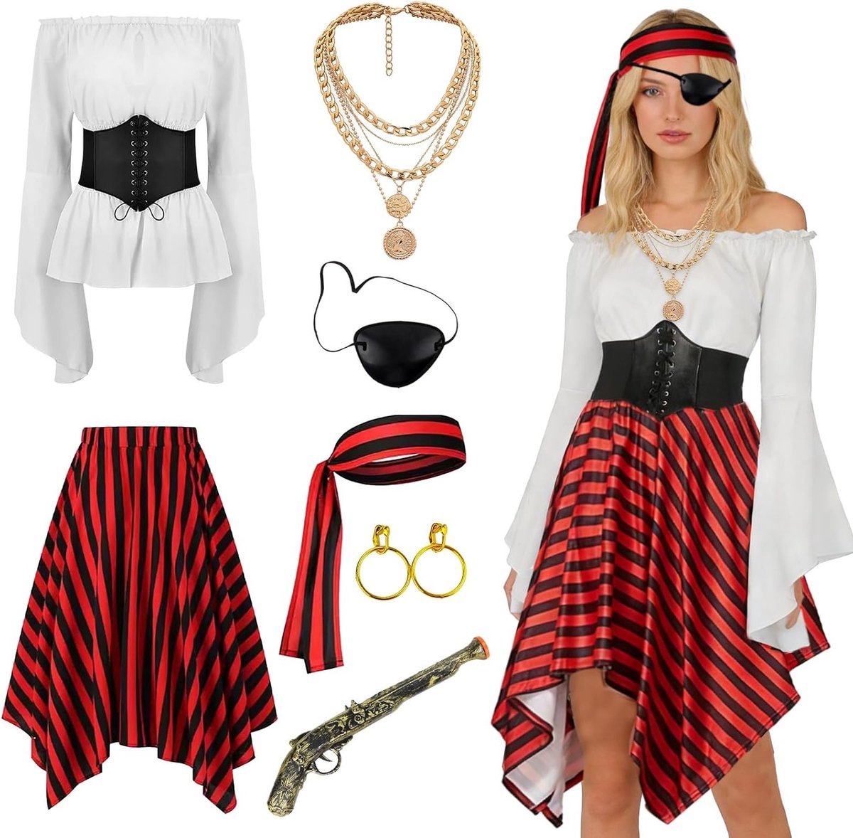 Vrouwelijk Piratenkostuum voor Carnaval met Off-Shoulder Design, Korsetriem, Sjaal en Accessoires