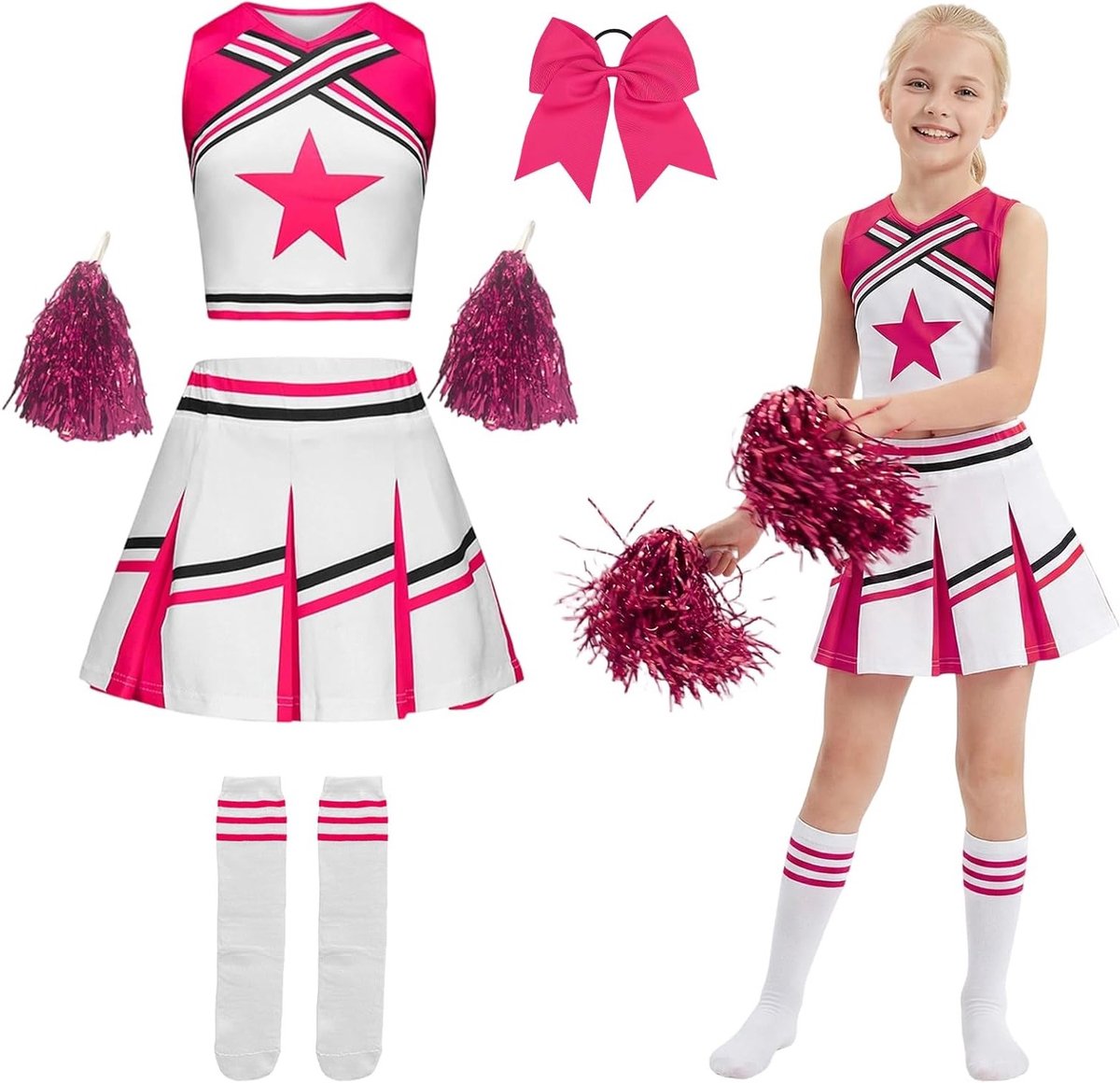 Carnaval Kostuum voor Meisjes met Pompoms en Strik - Cheerleader Outfit voor Halloween en Feestjes