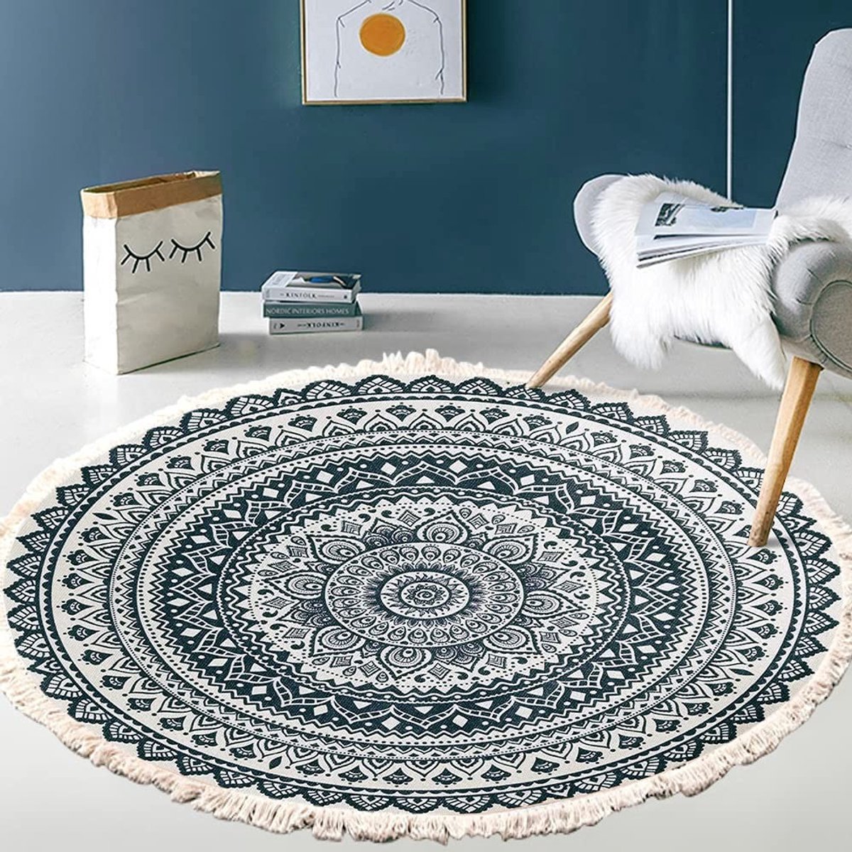 Dailygoods - Dailygoody - Vintage Boho katoenen vloerkleed - Mandala-patroon - Wasbaar en handgeweven - 80 cm - Rond tapijt met kwastjes - Geschikt voor slaapkamer