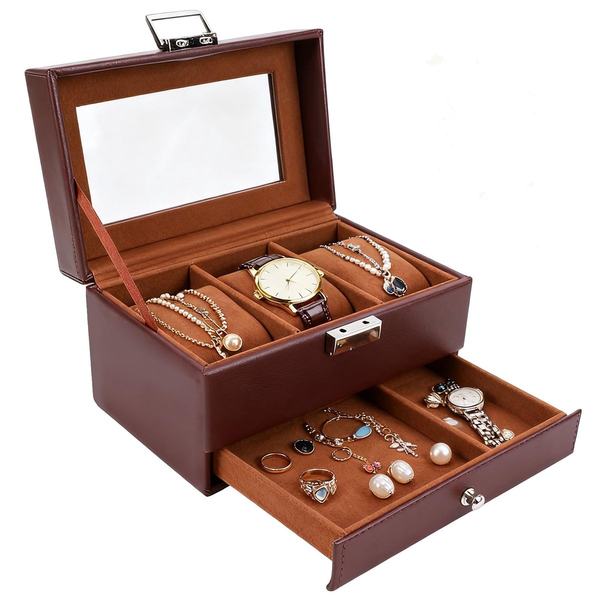 Dailygoods - Dailygoody - Horlogevitrine - Opbergorganizer - PU-leder - Doorzichtige Bovenkant - Bruin - 3-sleuven - Dubbellaags - Geschikt voor horloges...