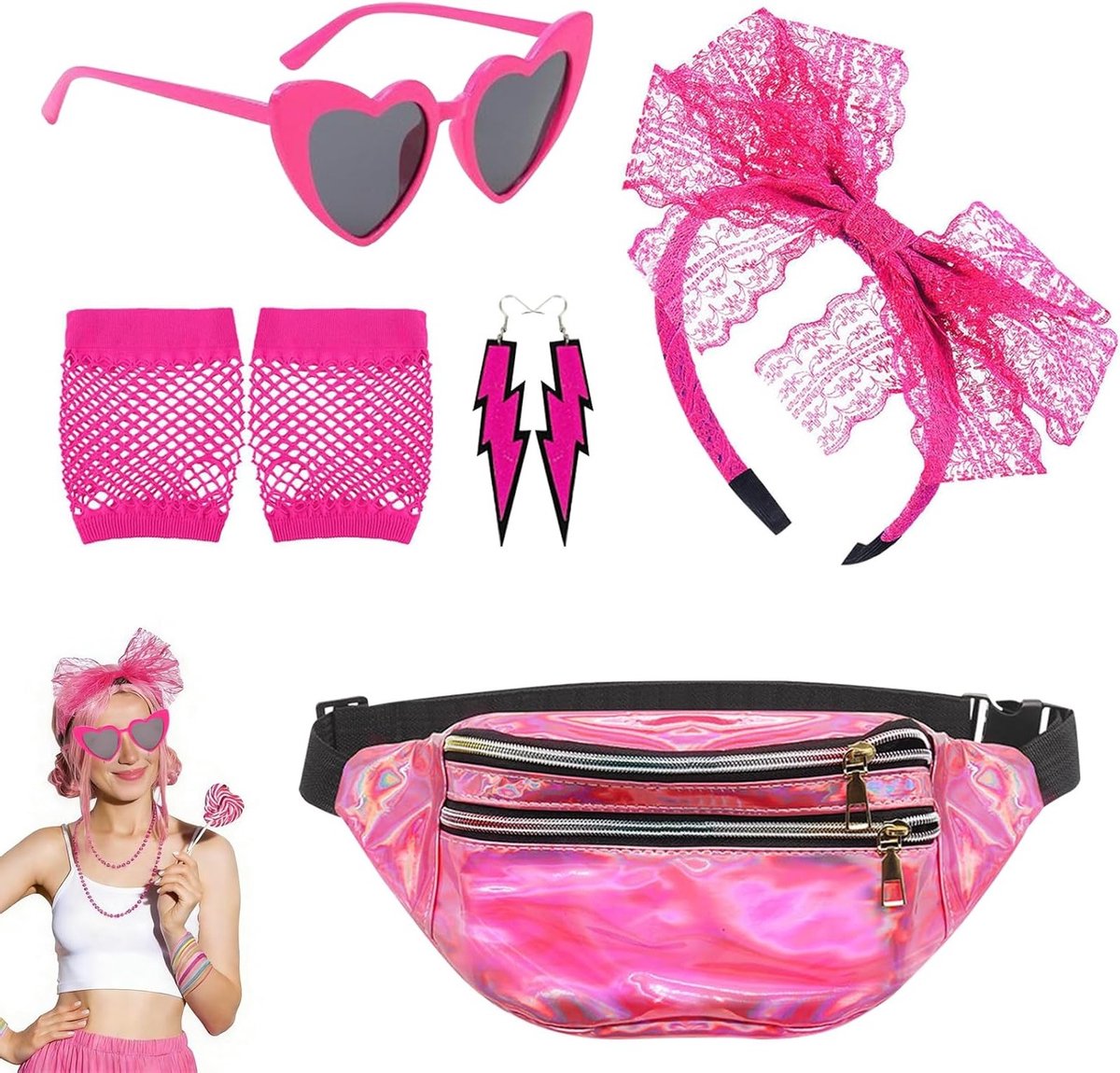 Vijfdelige set met retro accessoires voor vrouwen voor 80s themafeesten - neon roze heuptas, brillen en handschoenen