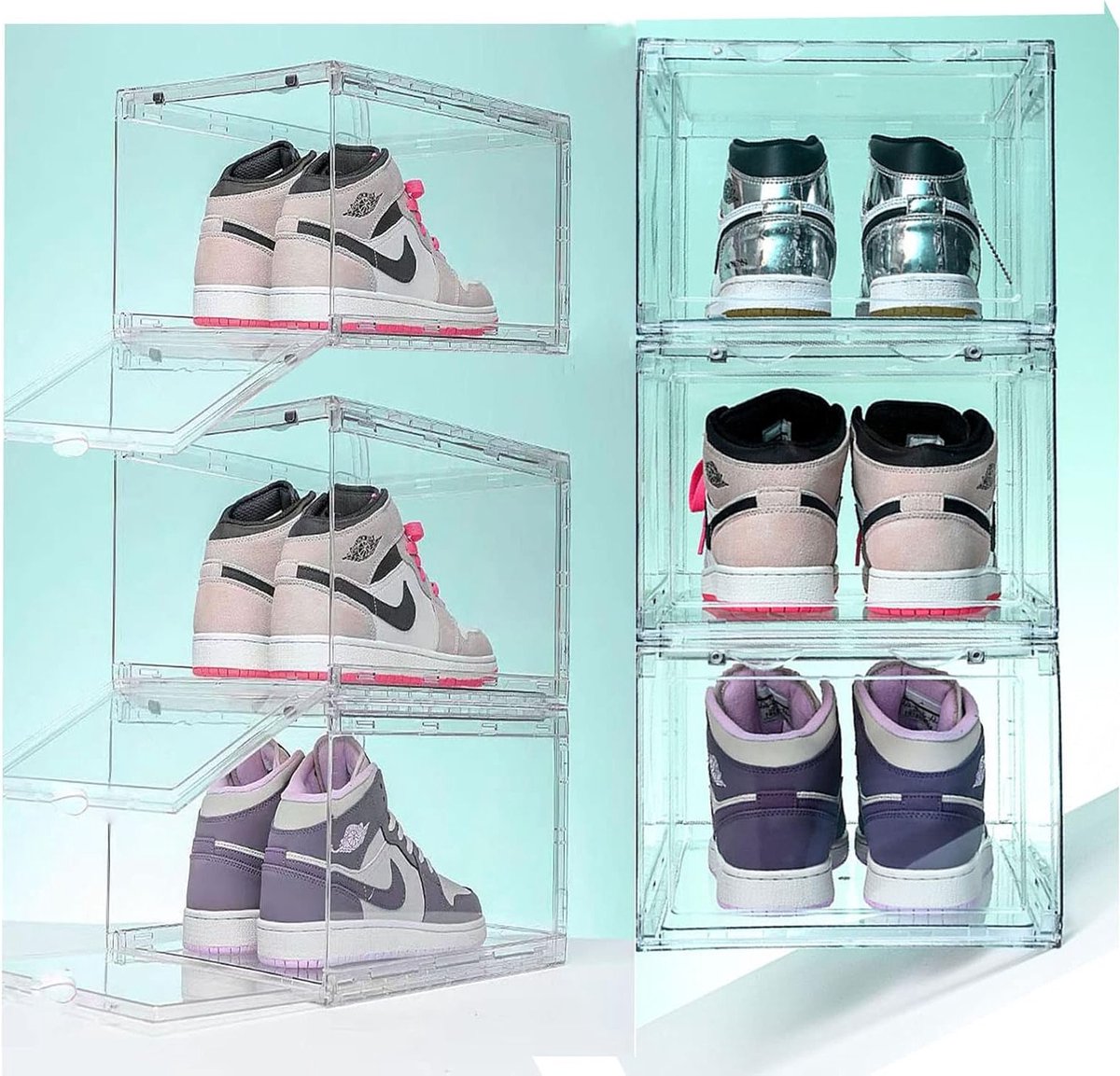 Duidelijke Stapelbare Schoenendozen van Acryl met Magnetische Deur, 36 x 27 x 20 cm, Set van 6 voor Organisatie en Bescherming van Schoenen