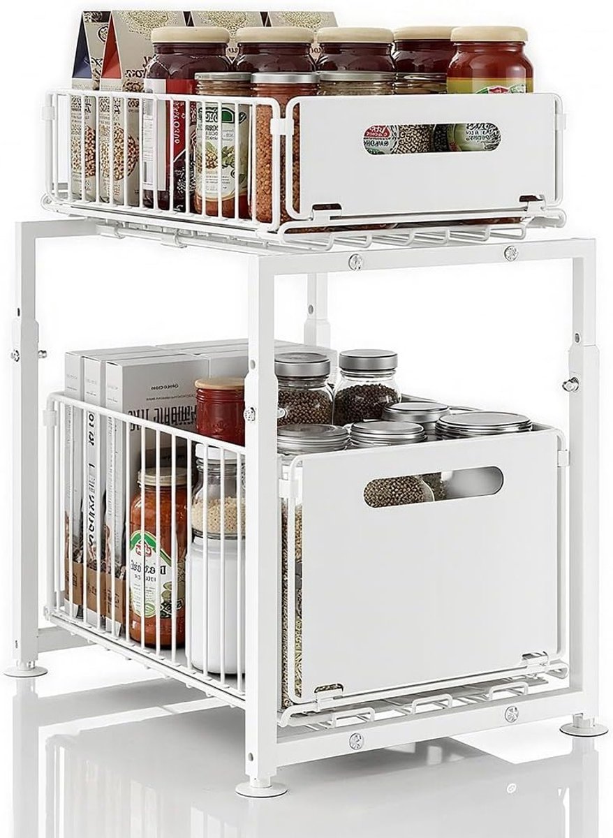 Verstelbare Onderkast Organizer, 2-laags Keukenopslag, Hoogte-instelbare Planken, Multifunctionele Opslagoplossing voor Keuken en Badkamer