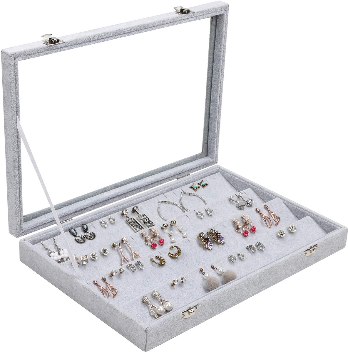 Dailygoods - Sieraden Organiser Doos - 4 Laags Oorbellen Display - Grijs Velours - Glazen Deksel - 40 Sleuven - Geschikt voor Dames