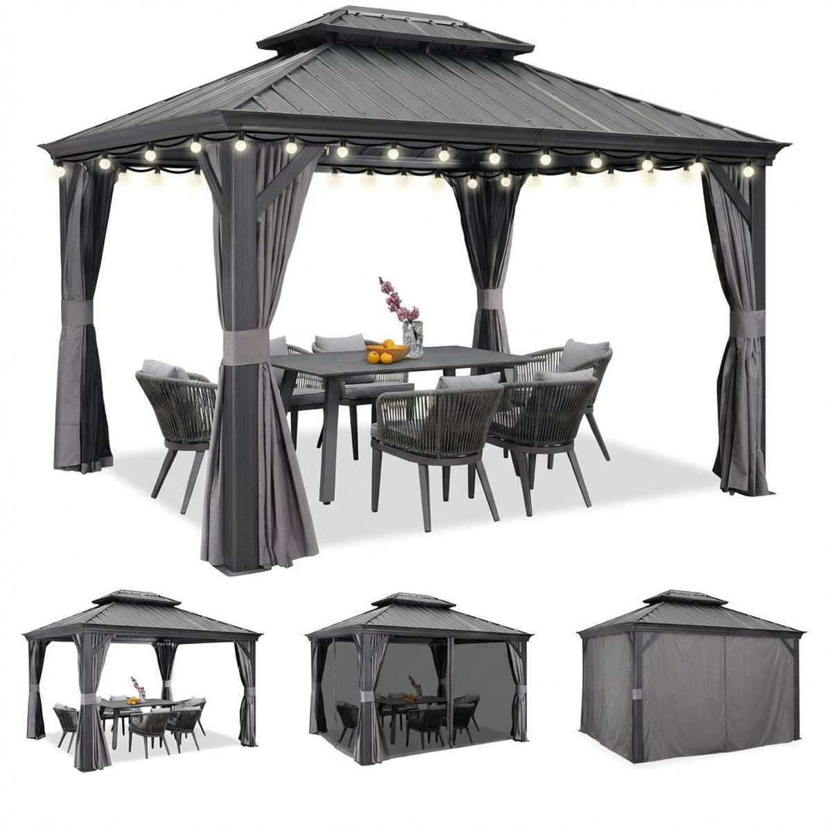 Purple Leaf Hardtop pavillon 3,65 x 3 m - gris luxe avec éclairage