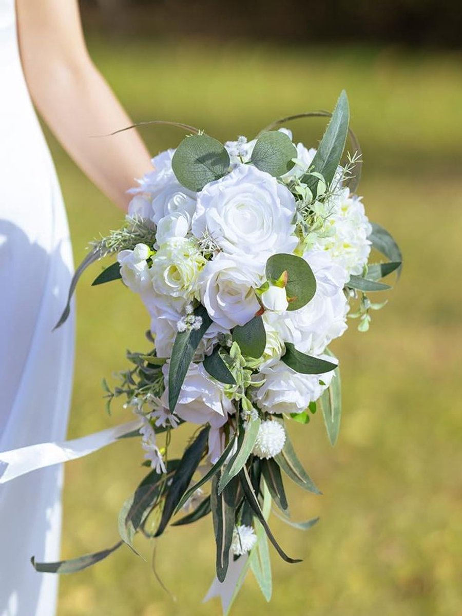 Bruidsboeket - Bruiloft Bloemen - Bruiloft Versieren - Cascade Stijl - 30 cm Hoog - Wit