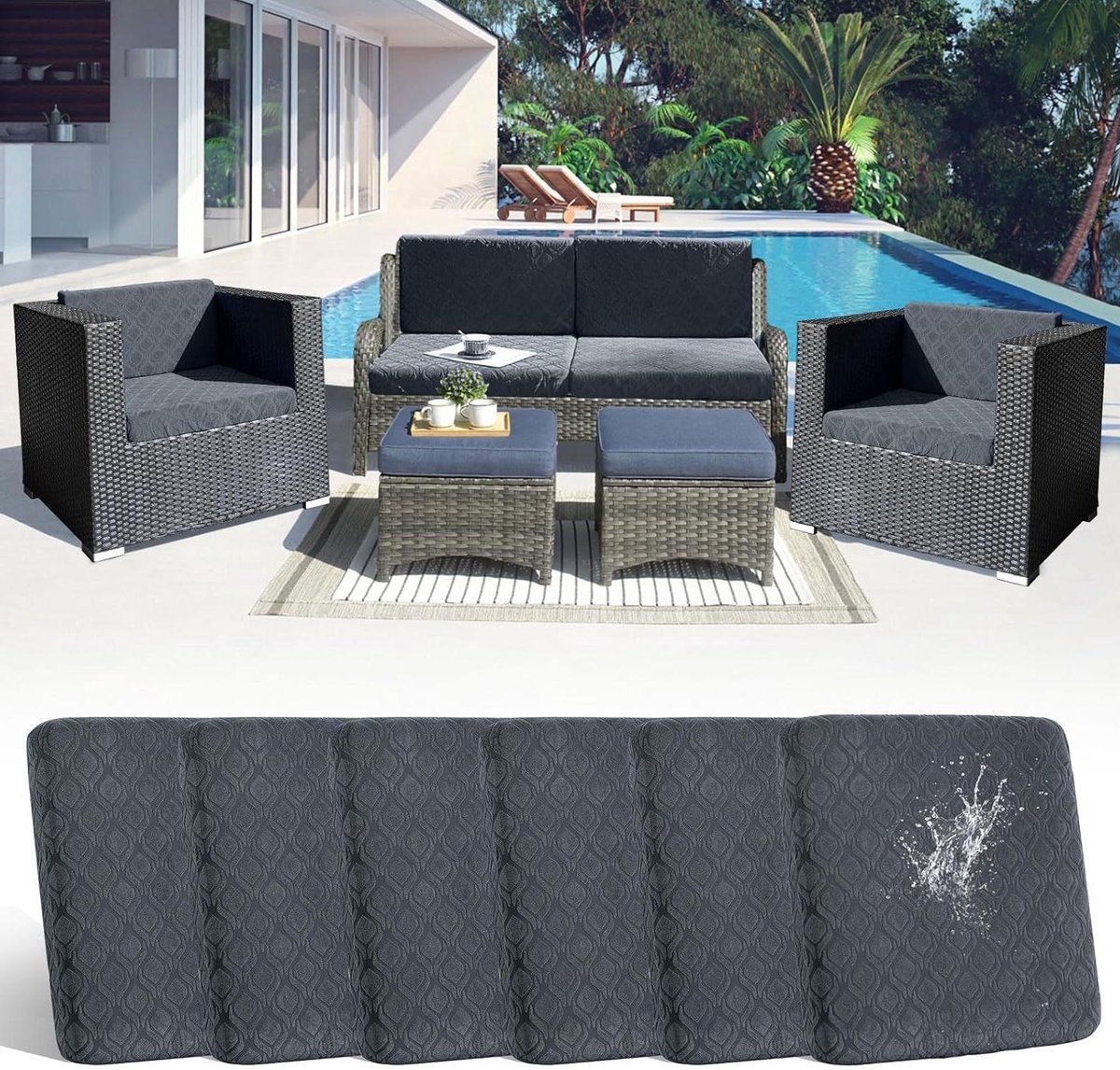 Bankhoes Kussens - Terrasmeubilair Hoezen - Meubels Beschermen - Anti-kreuk Materiaal - 8 Stuks - Donkergrijs