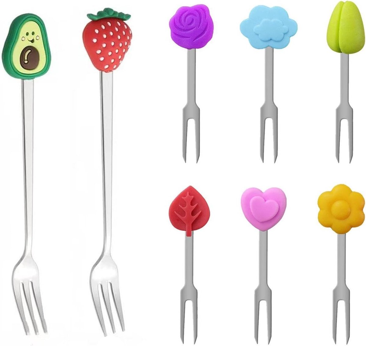 Set van 8 roestvrijstalen fruitvorken voor desserts, creatieve en grappige bestek, schattige vorken voor fruit en snacks