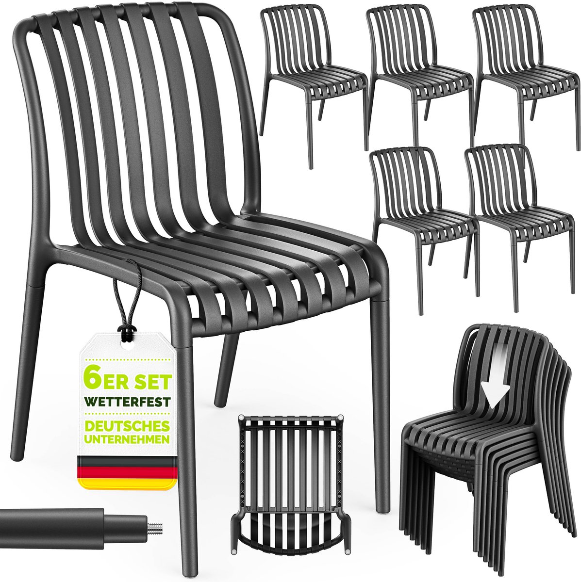 tillvex® Tuinstoelen 6-delige Set Stapelbaar Weerbestendig zonder Armleuning | Outdoor Stoelen tot 120kg Belastbaar | Tuinstoelen Outdoor | Terrasstoel Tuinmeubelen Balkon Tuin Terras