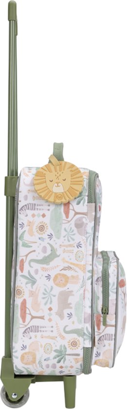 Zij aanzicht van een koffer met safari dieren print. Met een geel leeuwenlabel en groene accenten.