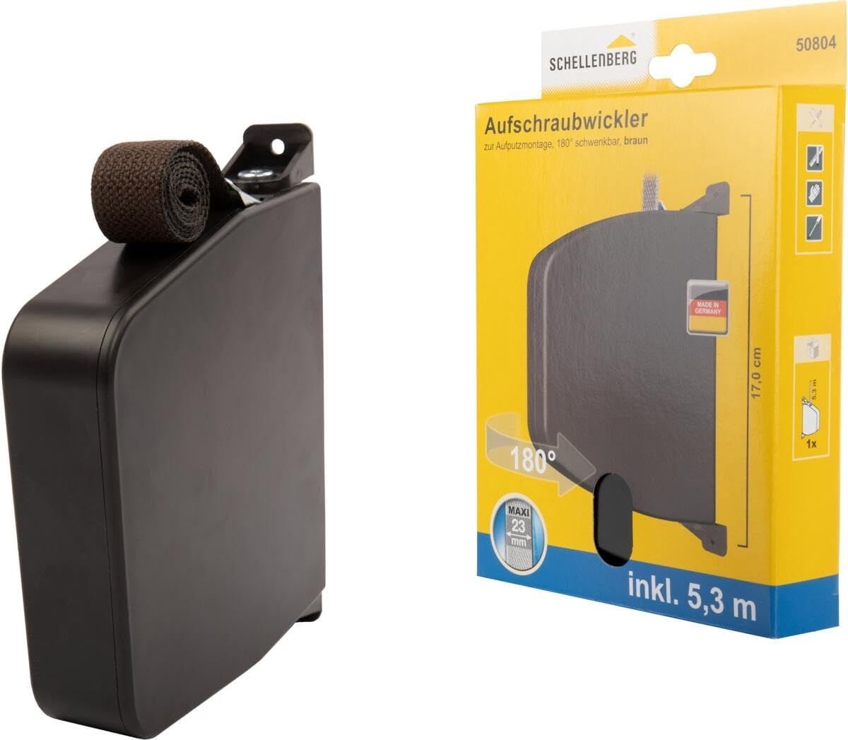 Schellenberg 50804 Opbouwrolluikbandoproller inclusief rolluikband 23 mm x 5,3 m, Maxi-systeem, 180° draaibaar, gatenafstand 17 cm, niet-openende schroefoproller, bruin