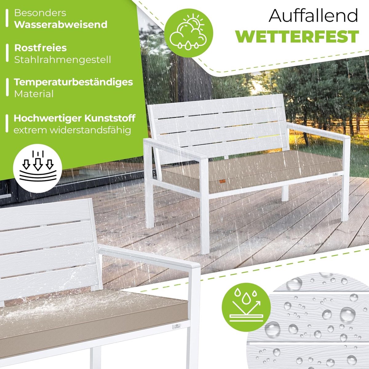 Tuinbank 120x64x78 cm 2-Persoons – Weerbestendig Kunststof & RVS – Inclusief Waterdichte Kussens – Modern Design Wit – Nicolehome