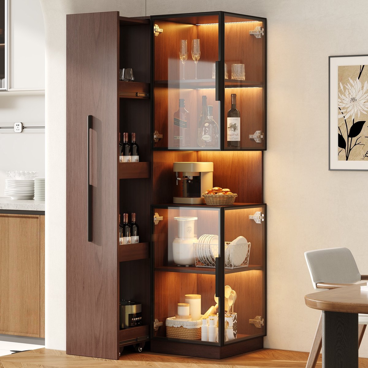 Sweiko Vitrinekast - Glazen deuren - LED-verlichting - Met uitschuifbare planken - 70 × 38 × 160 cm - Walnoot