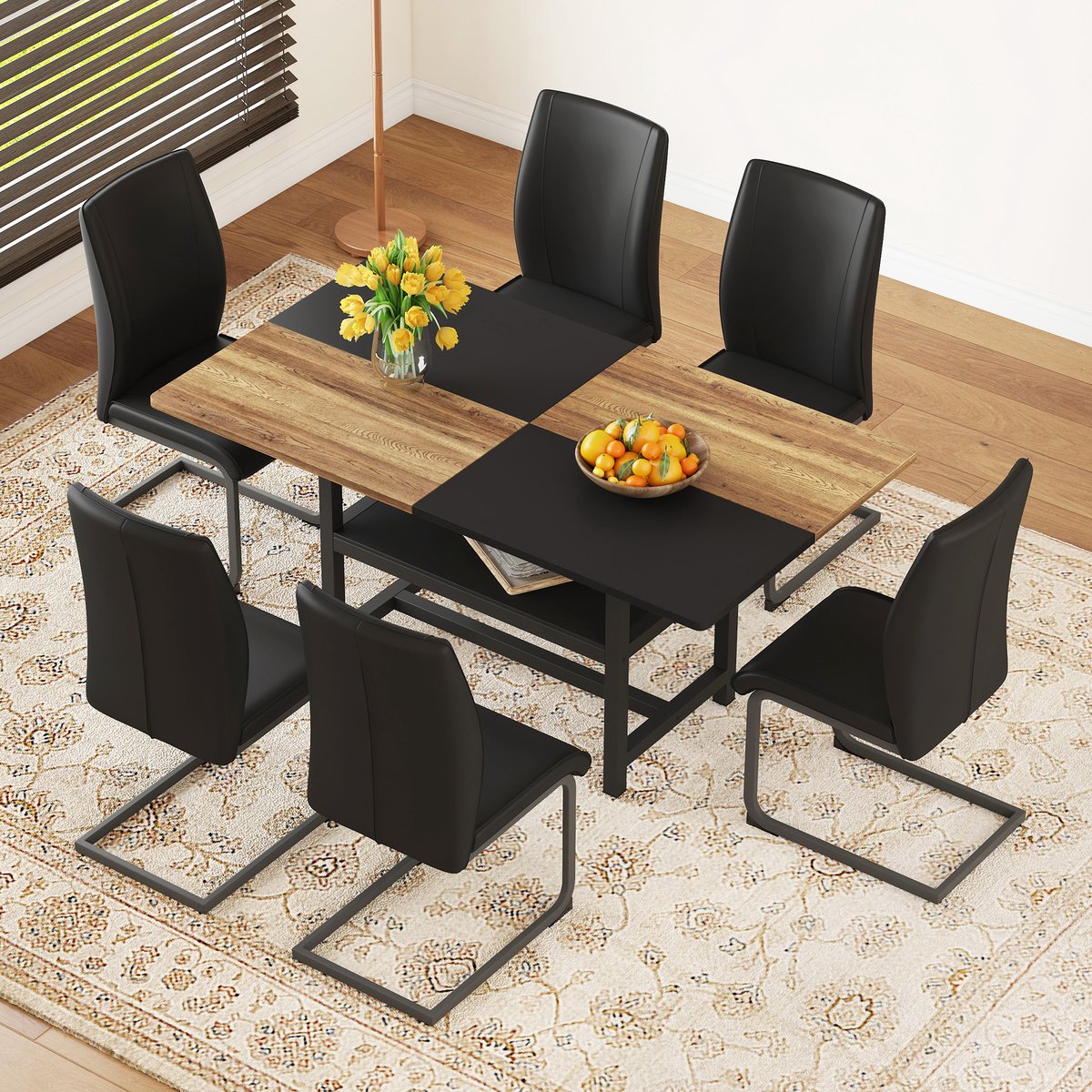 HAUSS SPOLE Eethoek Set - Rechthoekige Eettafel Met Opbergplank En 6 Stoelen - Voor Eetkamer En Keuken - Houtlook Zwart