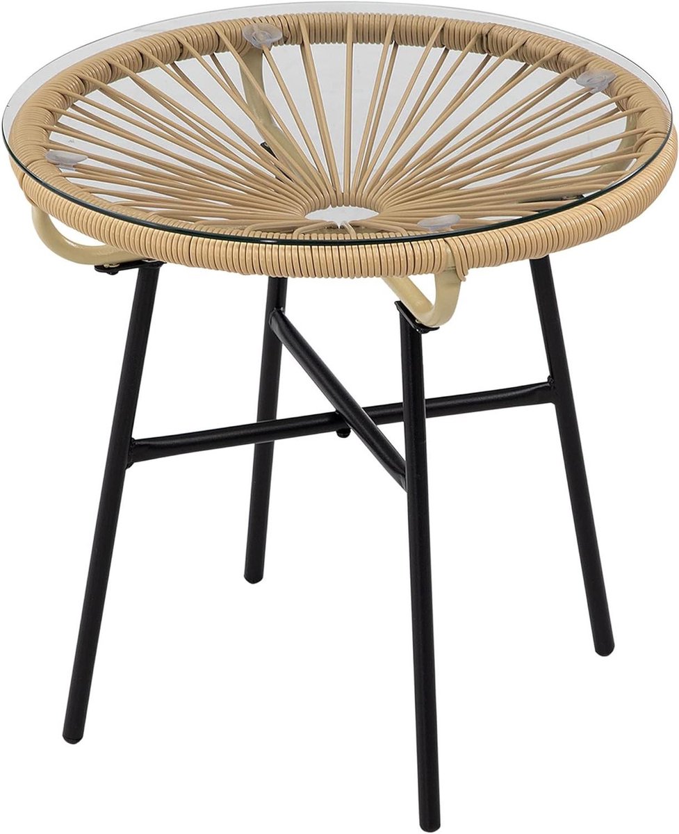 Rotan bijzettafel - Ronde koffietafel - Buitenruimte verfraaien - Gehard glazen blad - 50x50x50 cm - Zwart beige